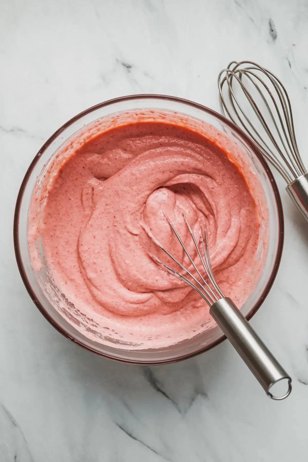 Glass bowl filled with thick, mixed strawberry dip base in a vibrant pink color, shown with a whisk resting beside it on a marble countertop, highlighting the creamy consistency.
