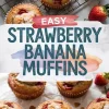 Homemade strawberry banana muffins shown from above and side angles, baked to a golden brown with vibrant strawberry pieces and lightly sugared tops on a cooling rack and white surface.