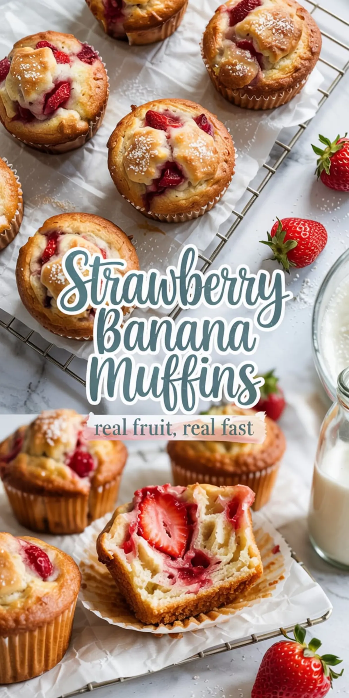 Freshly baked strawberry banana muffins with sugar-dusted tops and bright red berry pieces, shown whole and halved to reveal the moist, fruity interior, placed on parchment and a wire rack.