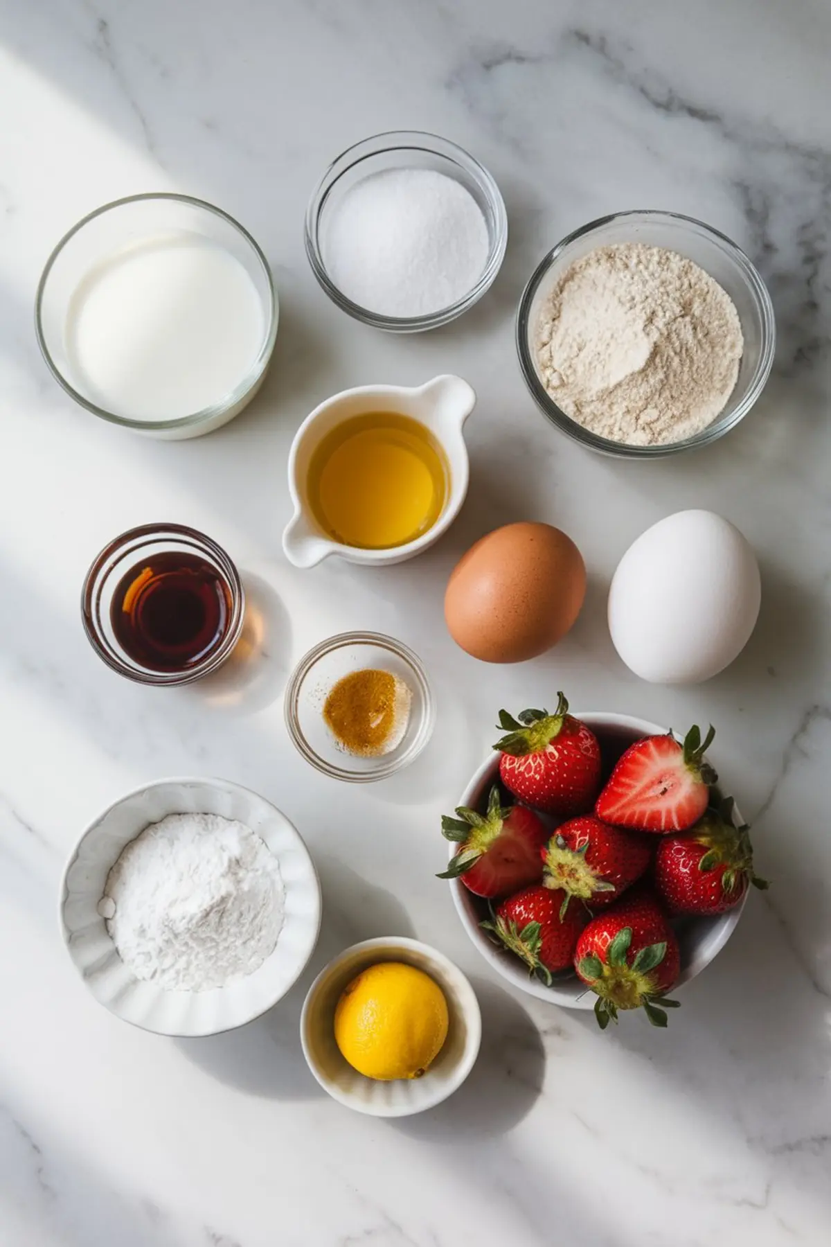 Flat lay of clafoutis ingredients on a marble surface, including fresh strawberries, eggs, flour, milk, sugar, lemon, vanilla extract, baking powder, salt, and powdered sugar arranged in small bowls.