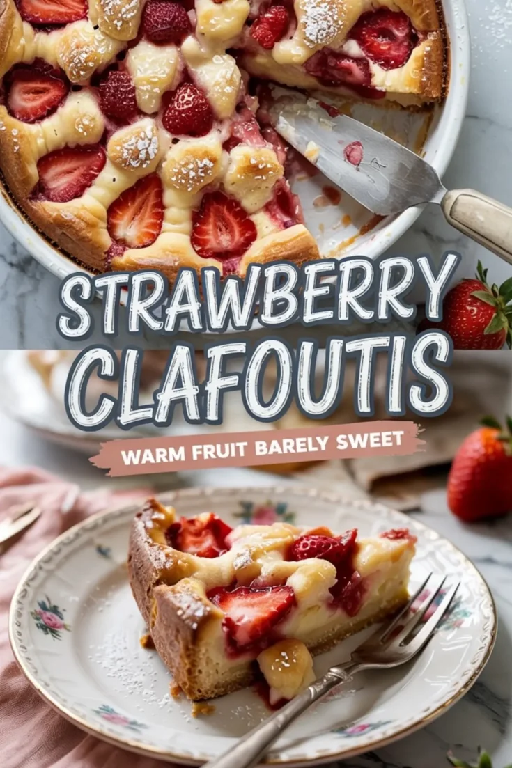 Collage showing a baked strawberry clafoutis in a white dish and a plated slice topped with powdered sugar, featuring text overlay that reads “Strawberry Clafoutis – Warm Fruit Barely Sweet.”