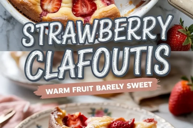 Collage showing a baked strawberry clafoutis in a white dish and a plated slice topped with powdered sugar, featuring text overlay that reads “Strawberry Clafoutis – Warm Fruit Barely Sweet.”