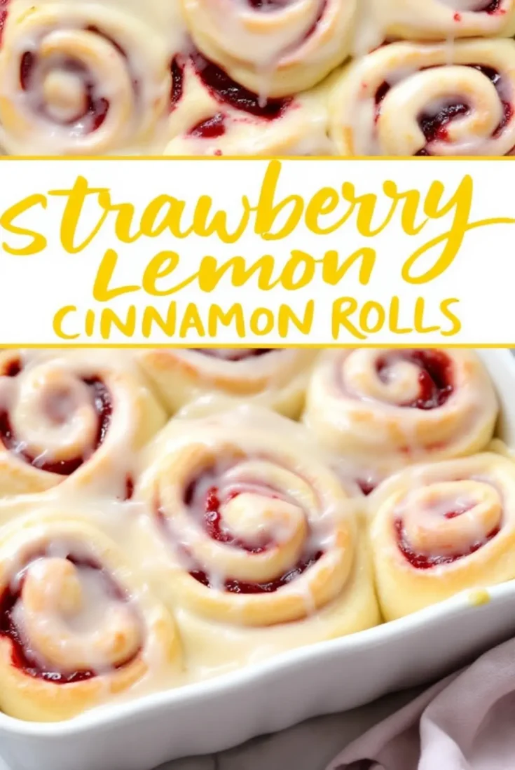 Overhead shot of a white ceramic dish filled with strawberry lemon cinnamon rolls, showing bright red strawberry jam layers and a drizzle of creamy lemon icing.