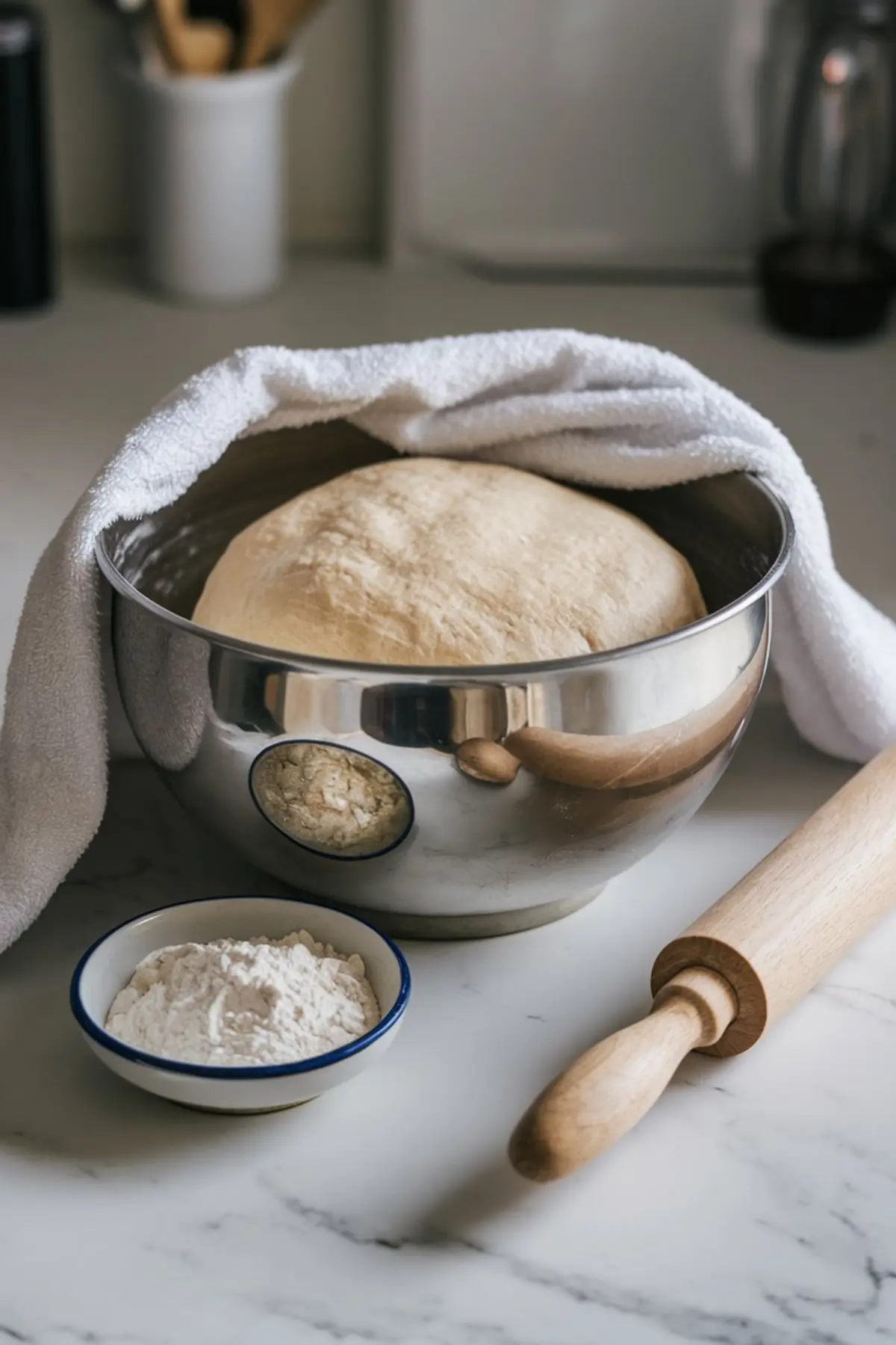 Kitchen scene with a large mixing bowl of rising cinnamon roll dough covered by a white towel, with flour and a wooden rolling pin set on the counter.