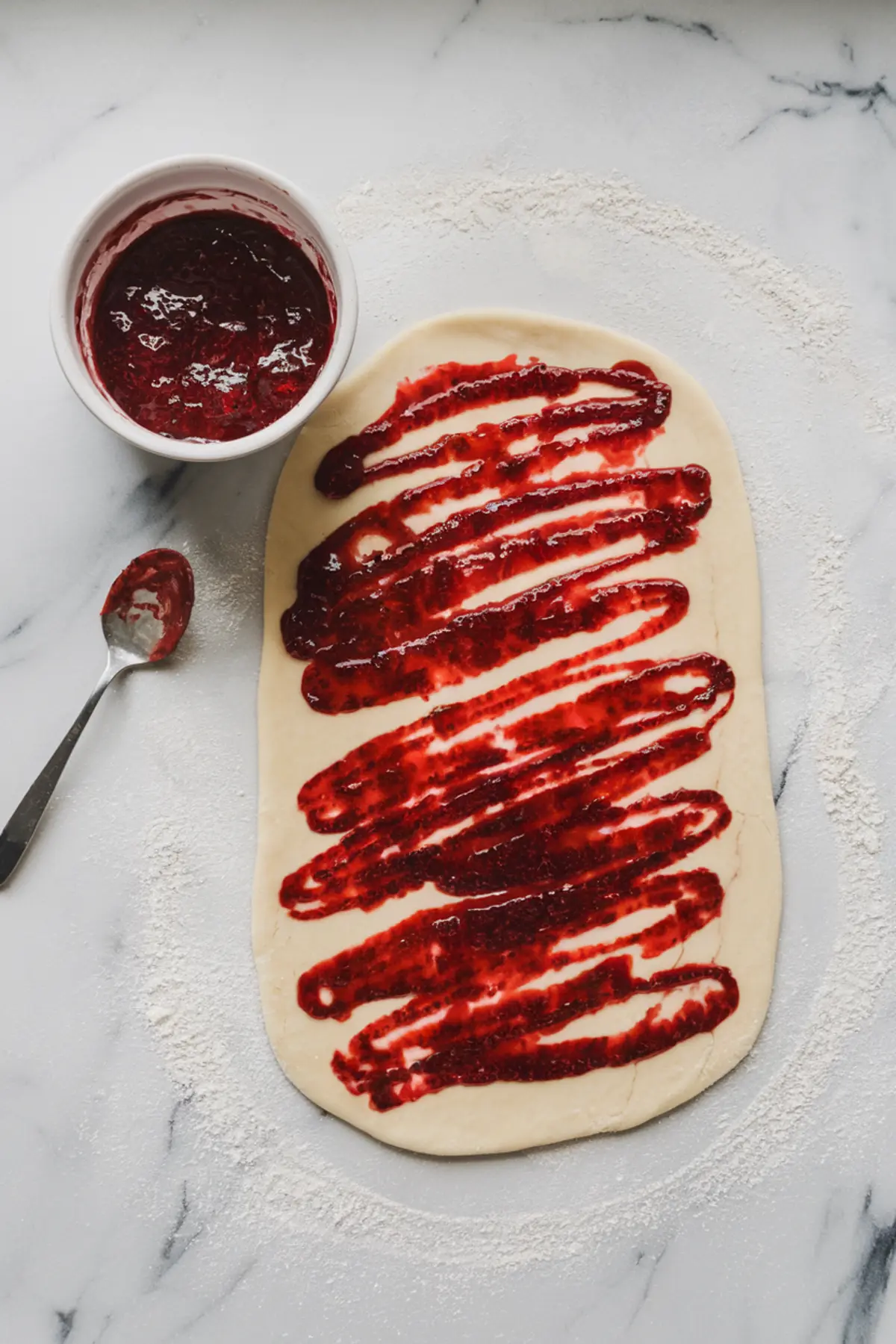 Flat lay of raw cinnamon roll dough spread with thick homemade strawberry filling, next to a bowl of jam and a spoon on a floured marble surface.