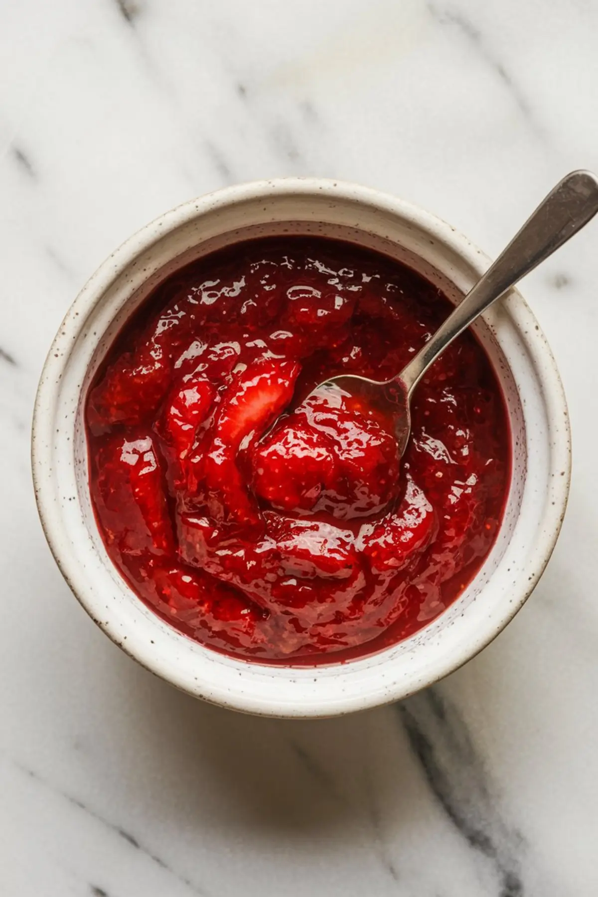 Close-up top view of a ceramic bowl filled with chunky, homemade strawberry compote, showcasing rich red color and glossy texture.