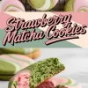 Collage showing strawberry matcha swirl cookies on a cooling rack, a pastel graphic text that reads “Strawberry Matcha Cookies,” and a close-up of a cookie broken in half to reveal the vibrant pink and green crumb inside.