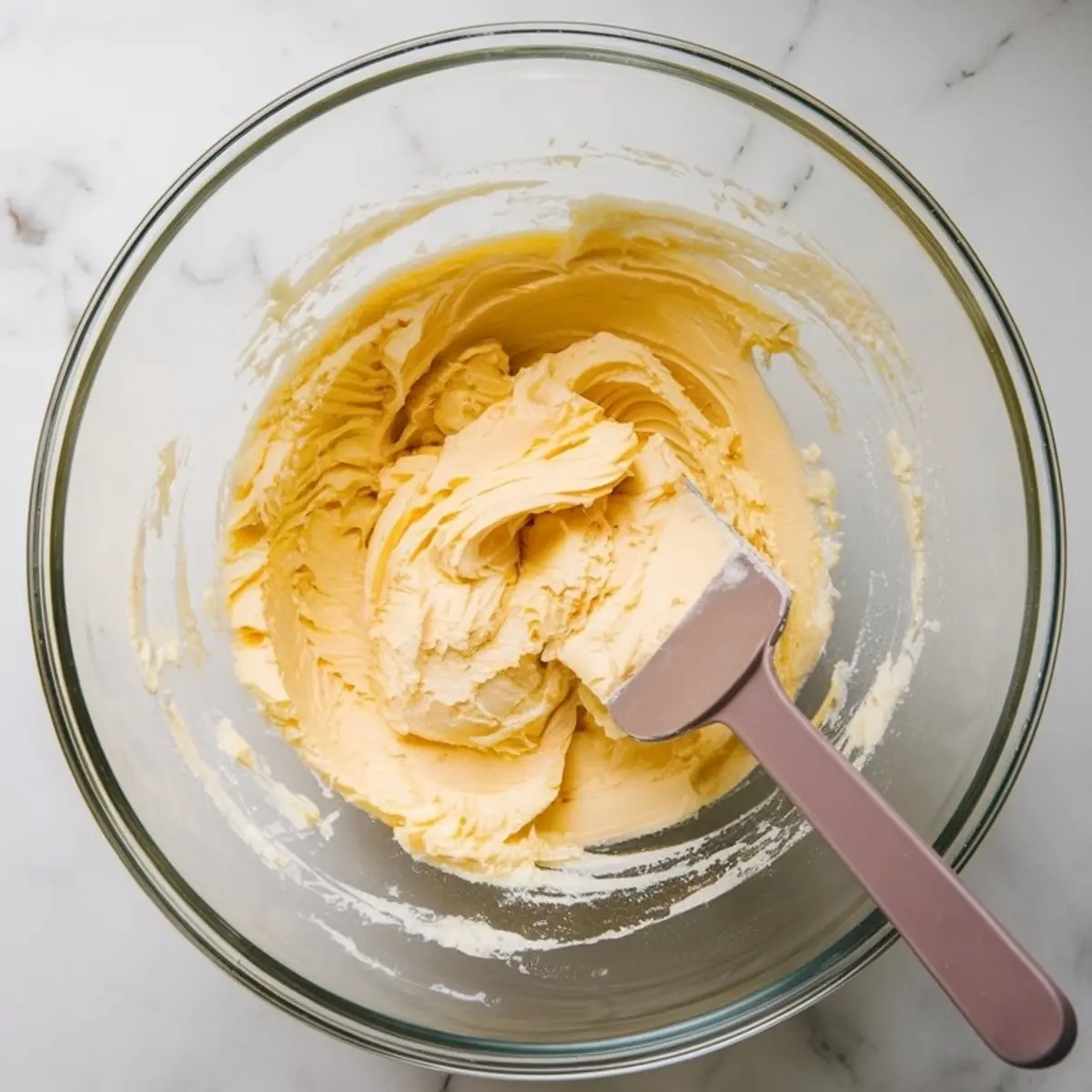Thick, creamy butter mixture in a glass bowl with a spatula, set on a white marble surface, showing the start of a cookie dough recipe preparation.