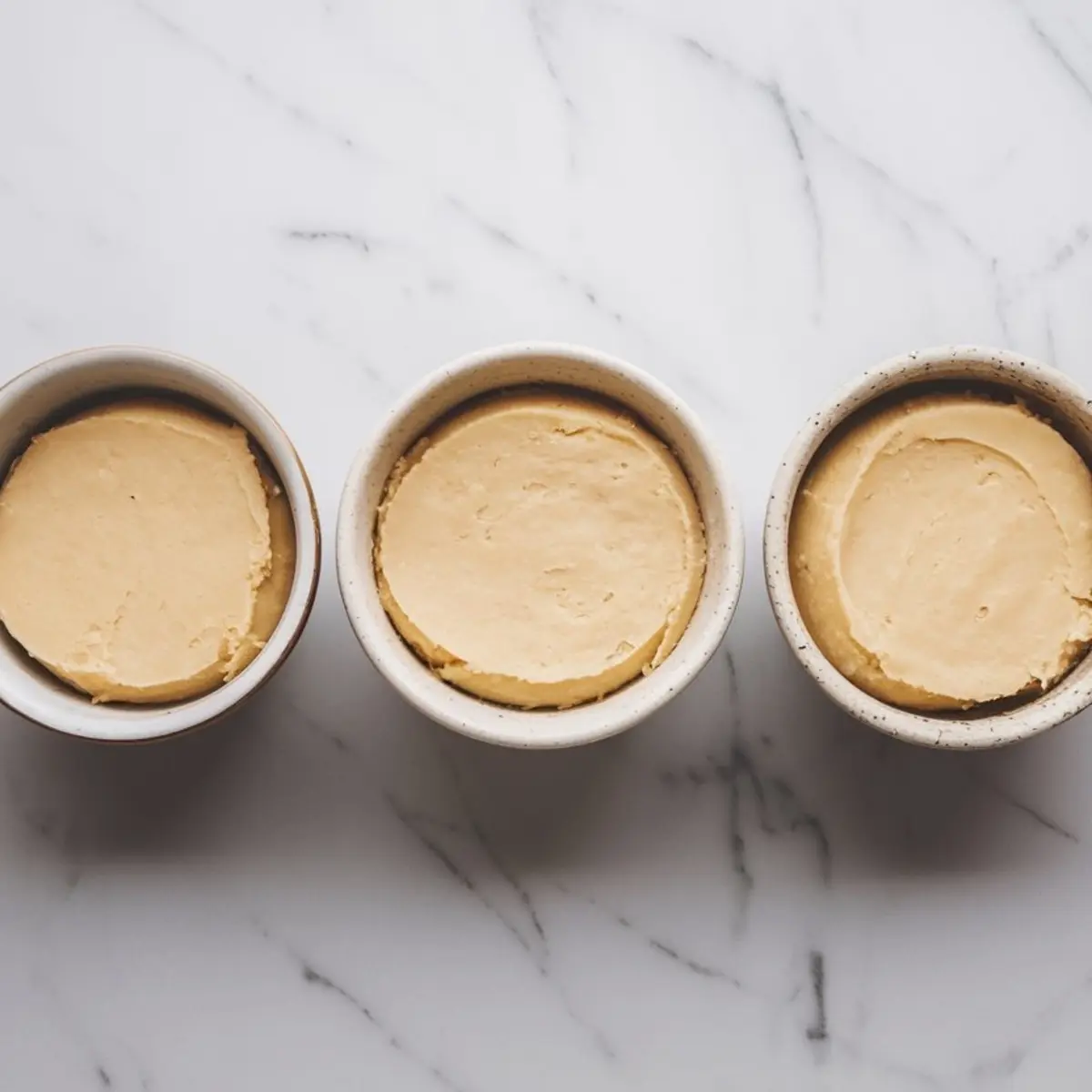 Three ramekins filled with smooth cookie dough, evenly portioned and flattened, placed in a row on a white marble countertop.