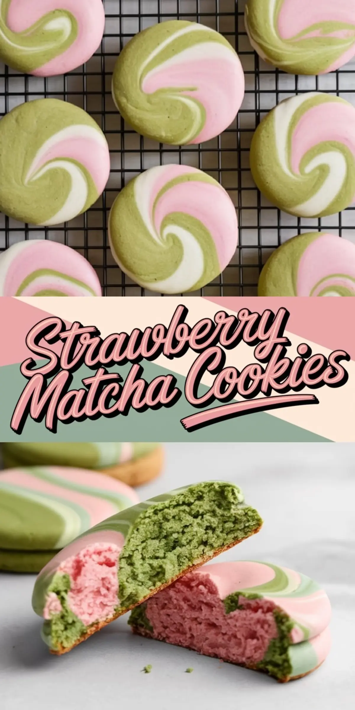 Collage displaying baked strawberry matcha swirl cookies on a cooling rack, a stylized graphic title, and a detailed view of a cookie’s green and pink interior, emphasizing the vibrant swirl pattern and soft texture.