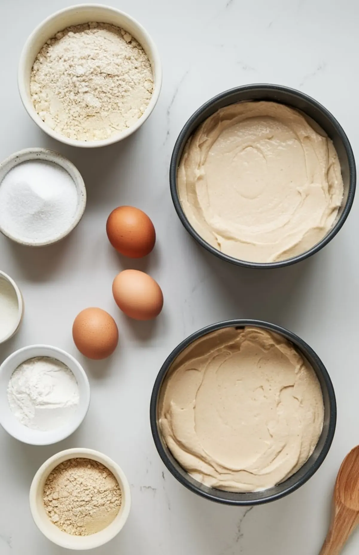 Flat lay of baking ingredients including eggs, flour, sugar, and leavening agents arranged beside two round cake pans filled with cake batter, ready for baking on a white kitchen counter.