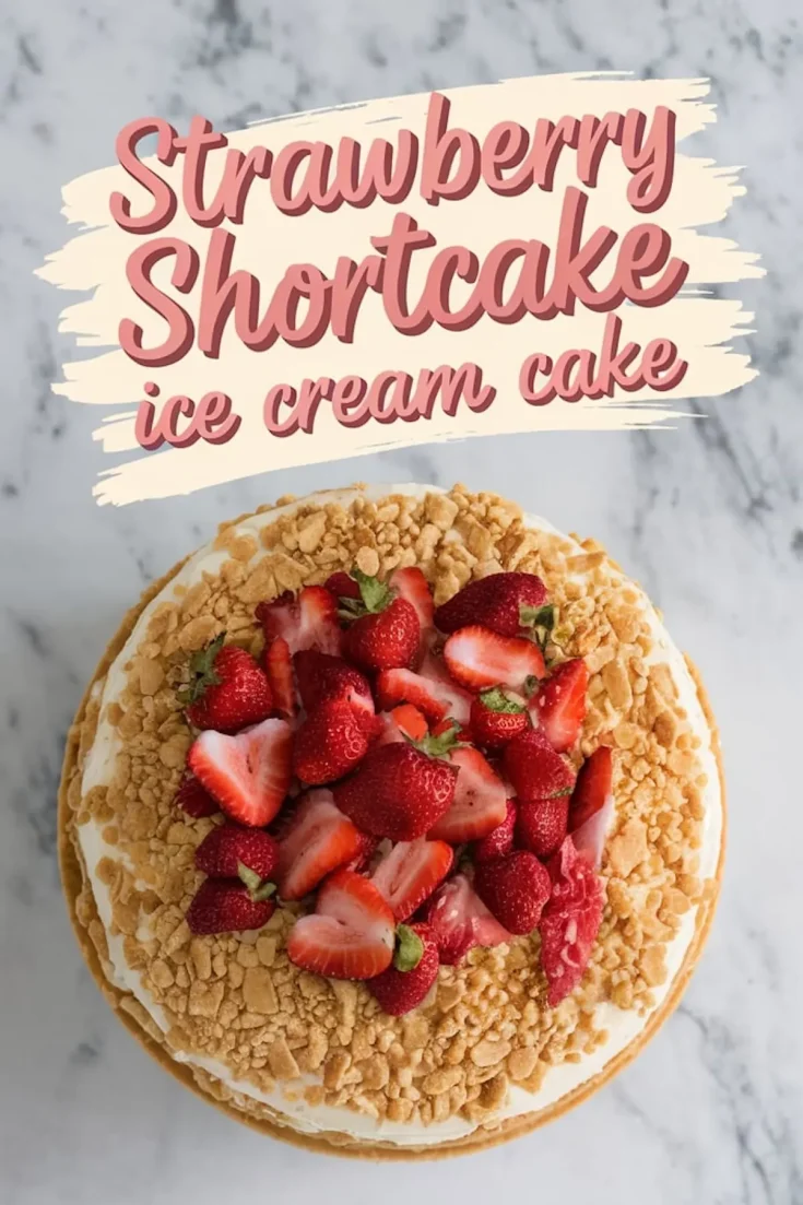 Overhead view of a strawberry shortcake ice cream cake topped with halved and whole fresh strawberries and golden cookie crumbles, set on a marble surface with bold text reading “Strawberry Shortcake ice cream cake.”