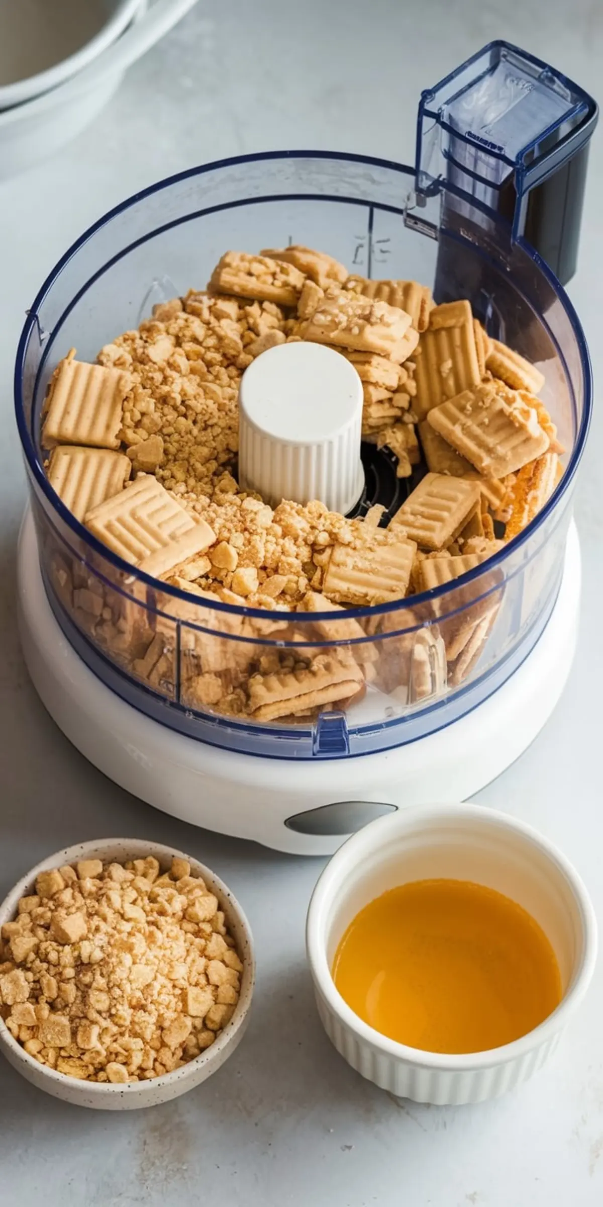 Food processor filled with vanilla sandwich cookies being crushed, shown with small bowls of melted butter and processed crumbs, illustrating the preparation of a cookie crumble topping.