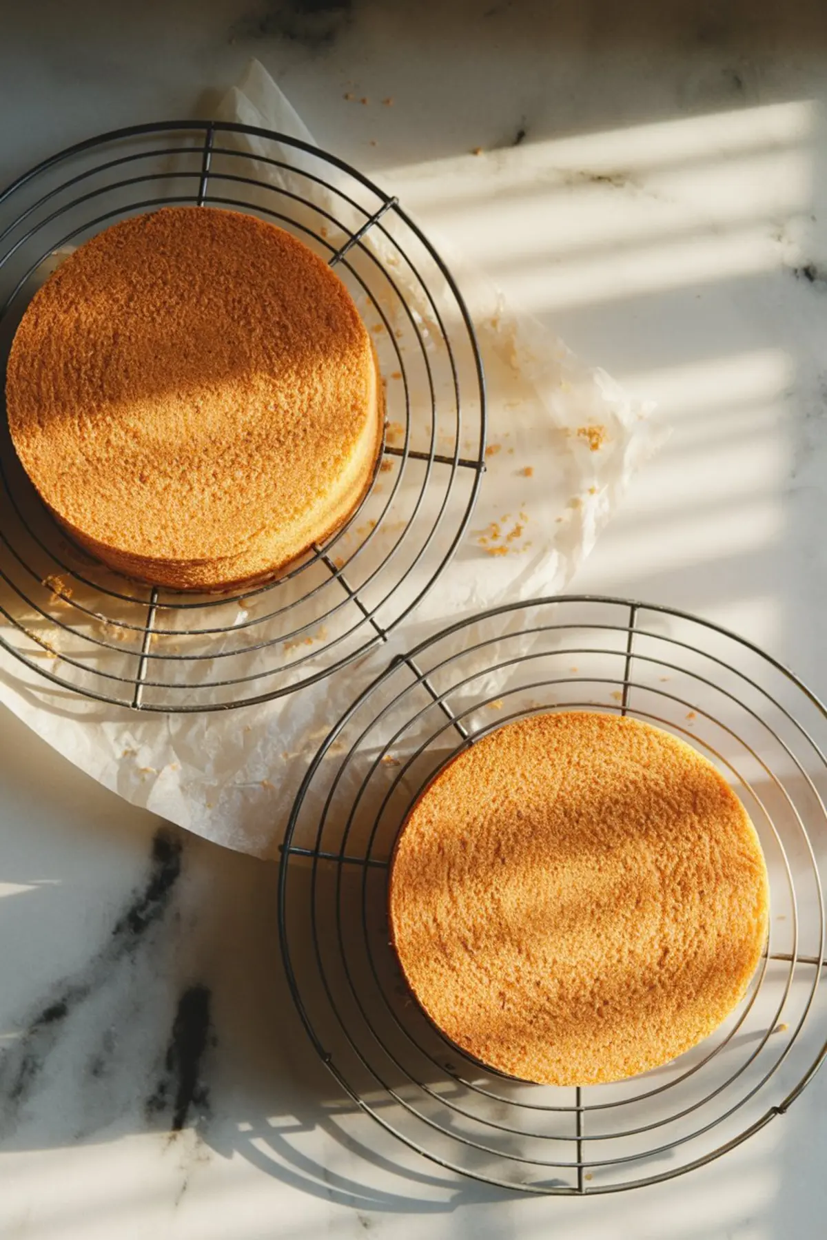 Two golden sponge cake layers cooling on wire racks, placed on parchment paper with natural light casting shadows across a marble countertop, capturing a baking-in-progress scene.