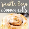 Collage of freshly baked vanilla bean cinnamon rolls with rich vanilla icing, styled with a soft gray background and text overlay to highlight the dessert name.