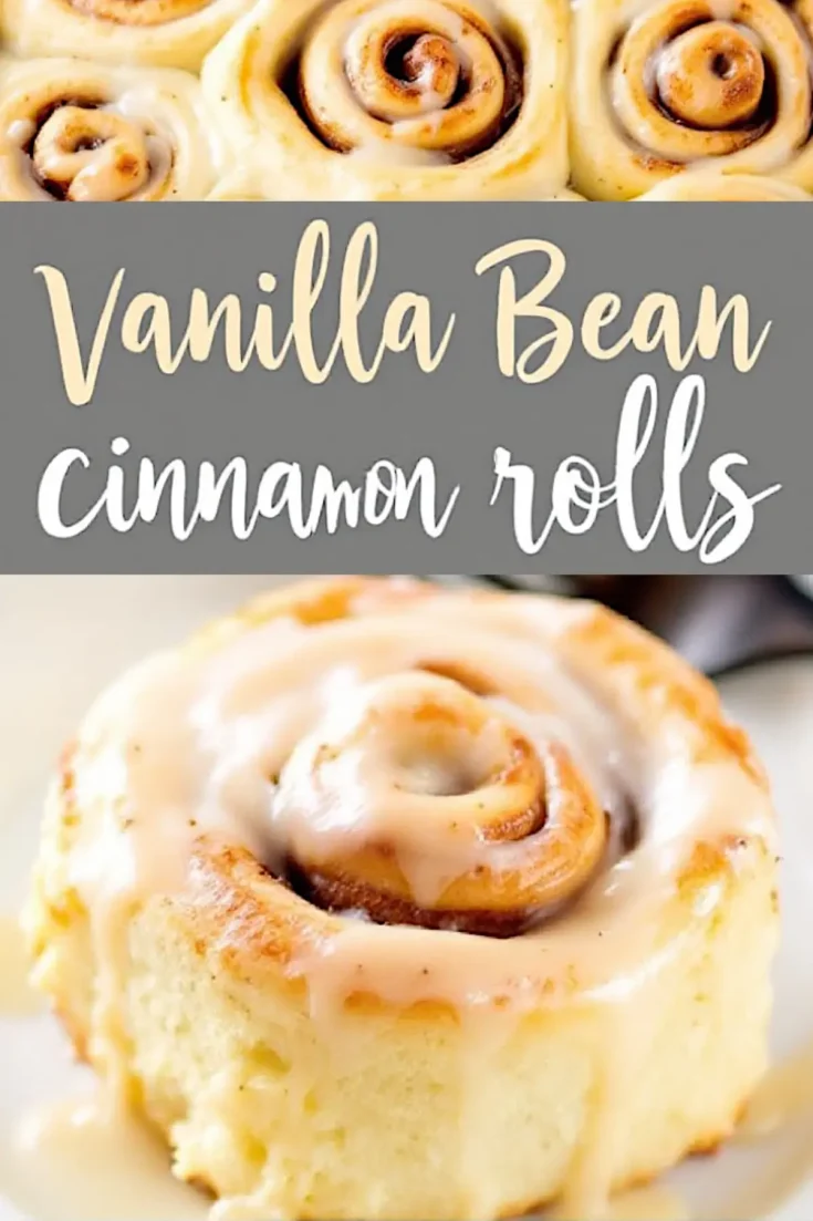 Collage of freshly baked vanilla bean cinnamon rolls with rich vanilla icing, styled with a soft gray background and text overlay to highlight the dessert name.