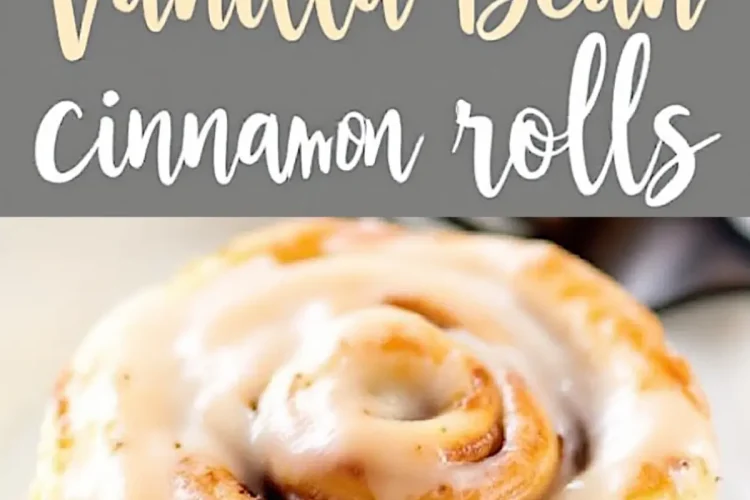 Collage of freshly baked vanilla bean cinnamon rolls with rich vanilla icing, styled with a soft gray background and text overlay to highlight the dessert name.