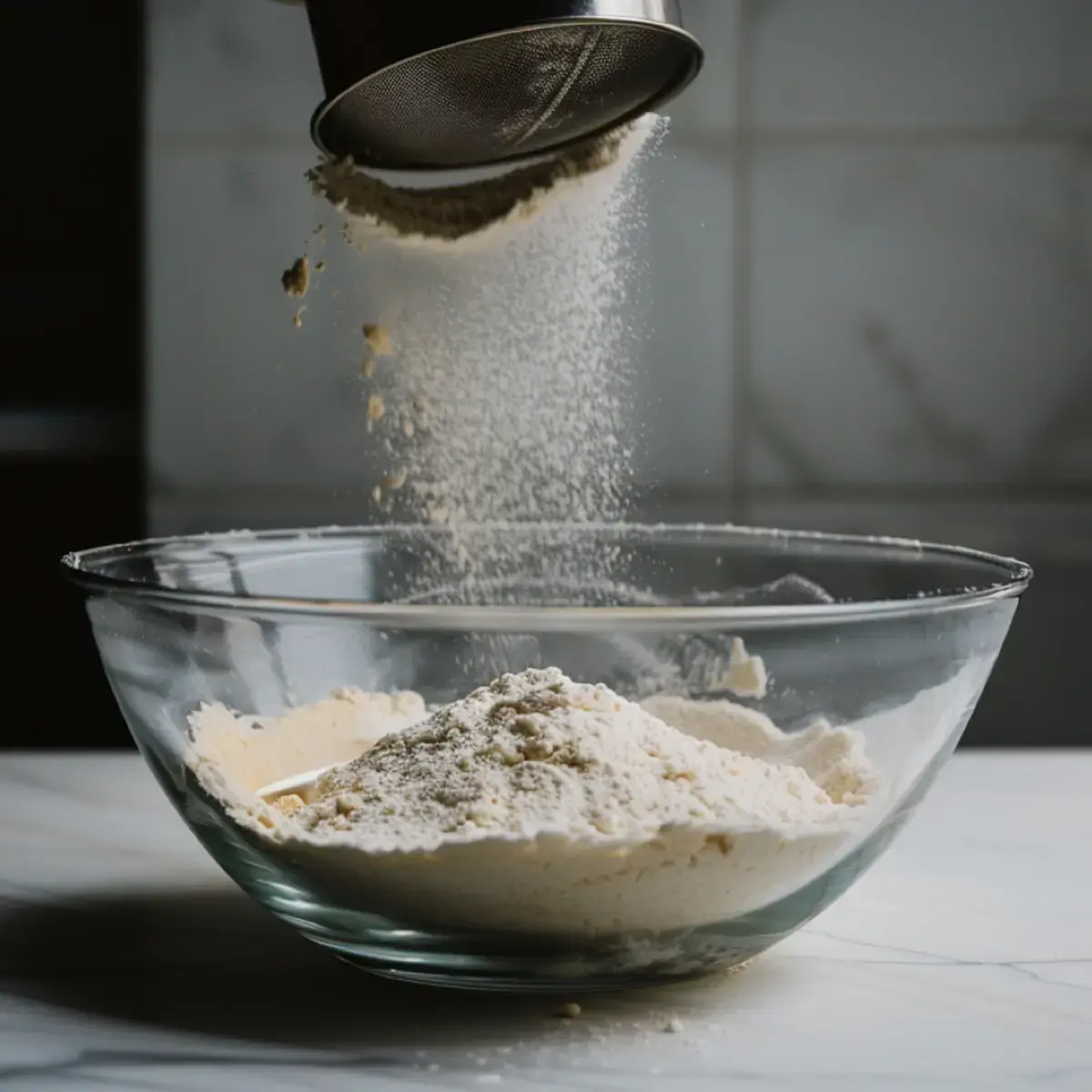 Sifted flour falling from a metal sieve into a glass mixing bowl, emphasizing the light and fluffy texture of dry ingredients for cake baking.