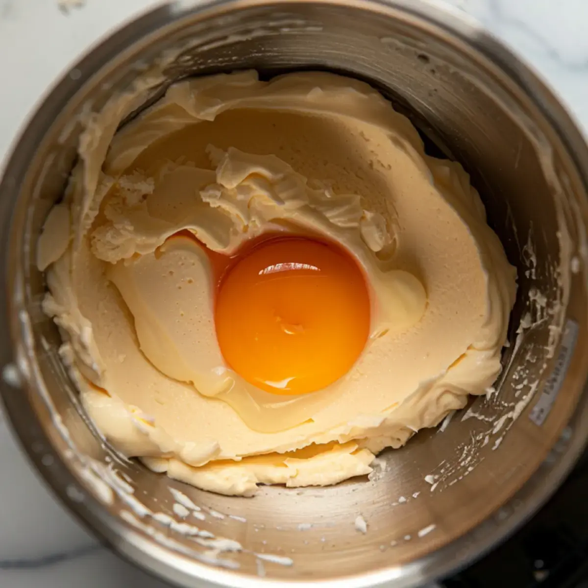 Overhead view of a mixing bowl with creamed butter and sugar, featuring a cracked raw egg in the center, captured during the cake batter preparation process.