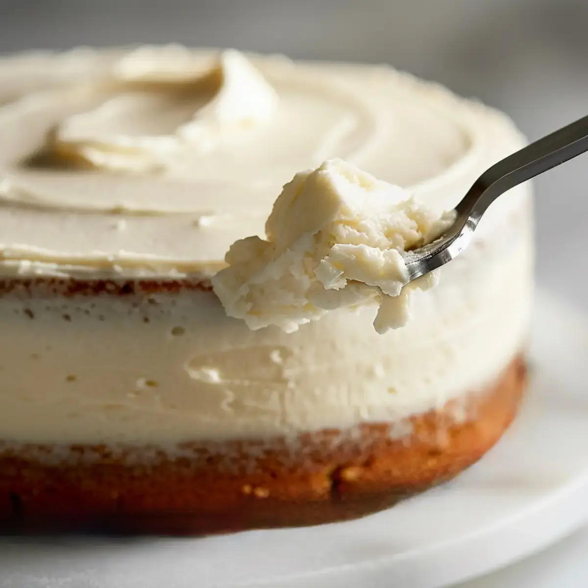 Close-up of a metal spoon spreading white chocolate frosting onto a cake layer, showcasing creamy texture and smooth application for decorating.