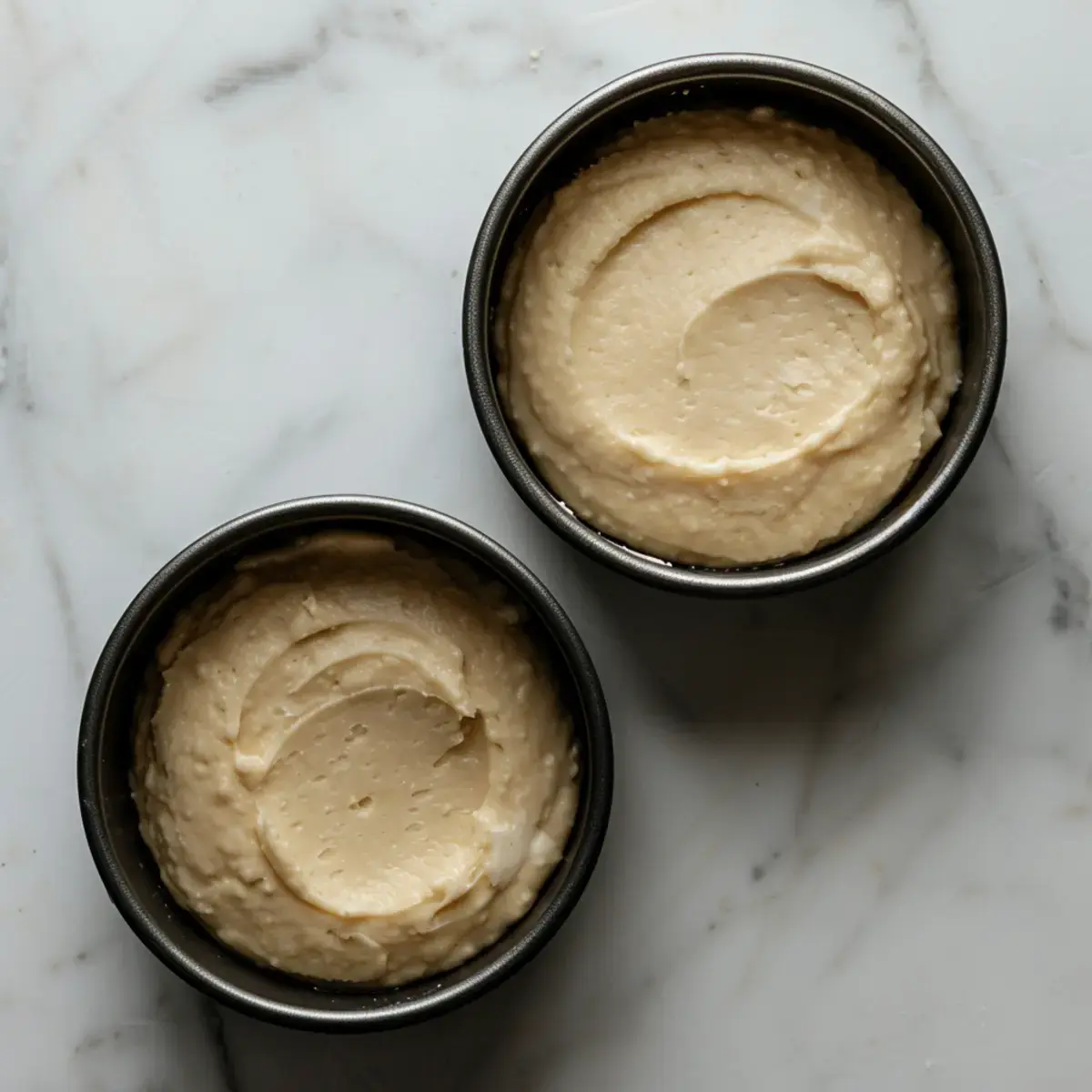 Two round cake pans filled with white chocolate cake batter, ready for baking, displayed on a marble countertop.