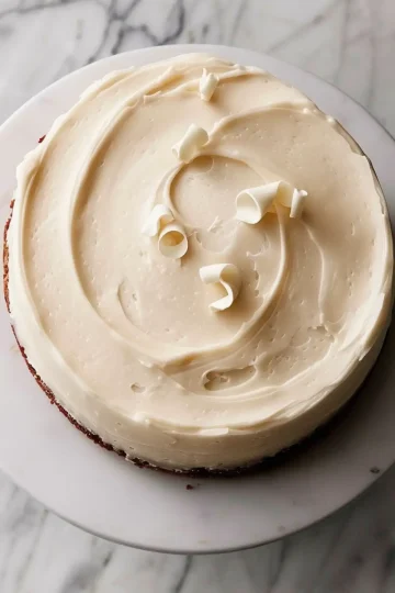 Overhead view of a frosted white chocolate cake topped with curled white chocolate shavings, highlighting the smooth swirl pattern in the frosting.