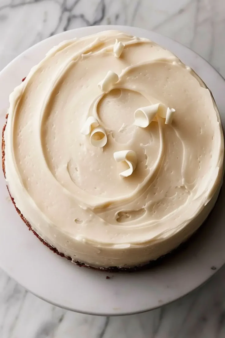 Overhead view of a frosted white chocolate cake topped with curled white chocolate shavings, highlighting the smooth swirl pattern in the frosting.