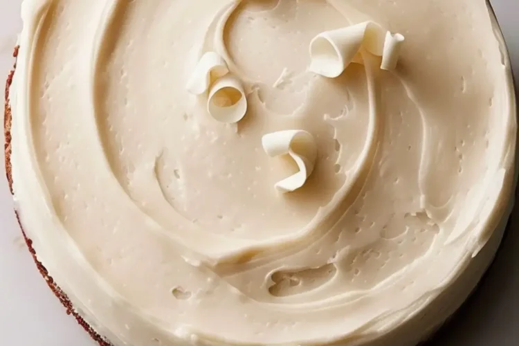 Overhead view of a frosted white chocolate cake topped with curled white chocolate shavings, highlighting the smooth swirl pattern in the frosting.