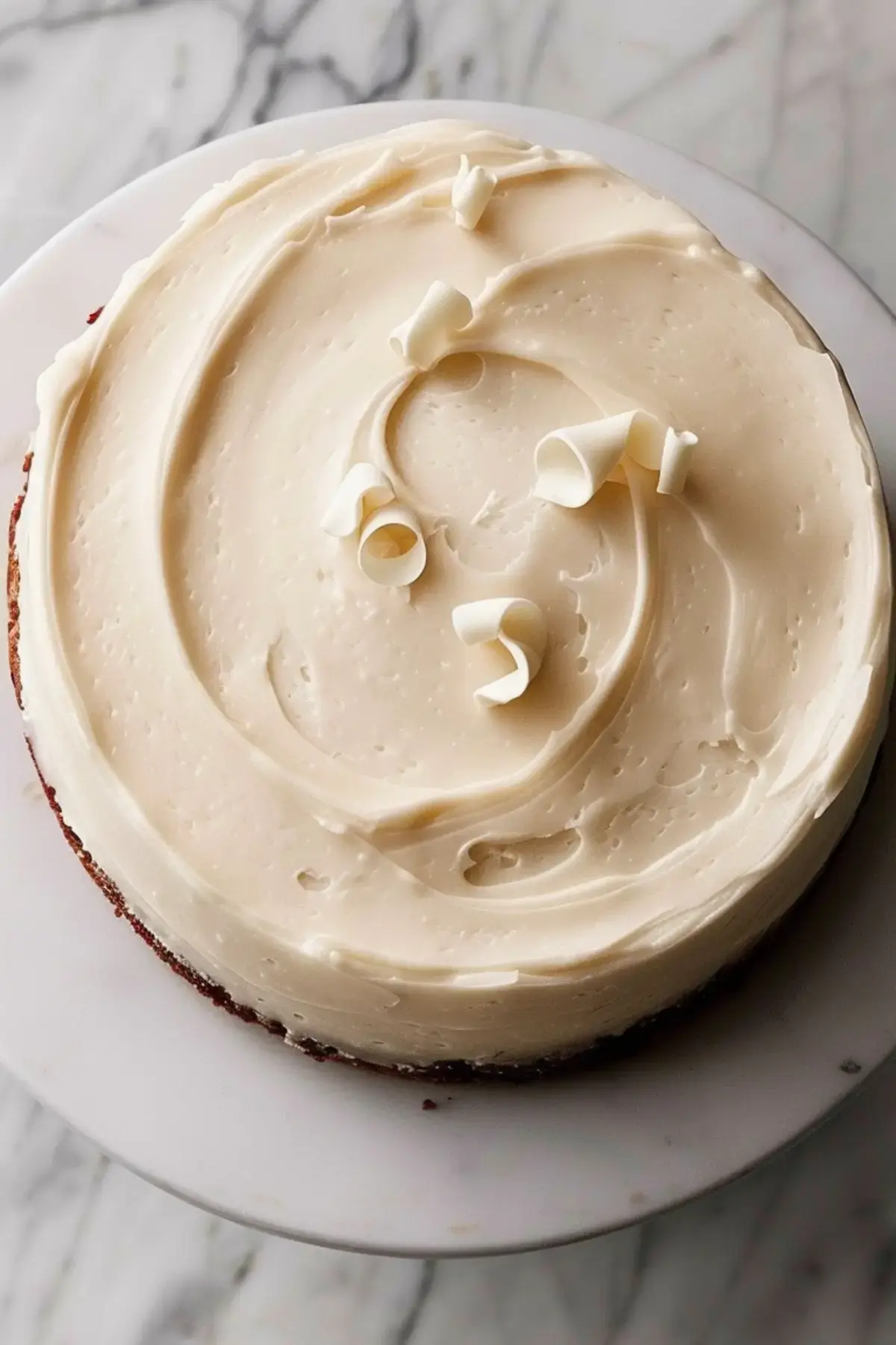 Overhead view of a frosted white chocolate cake topped with curled white chocolate shavings, highlighting the smooth swirl pattern in the frosting.