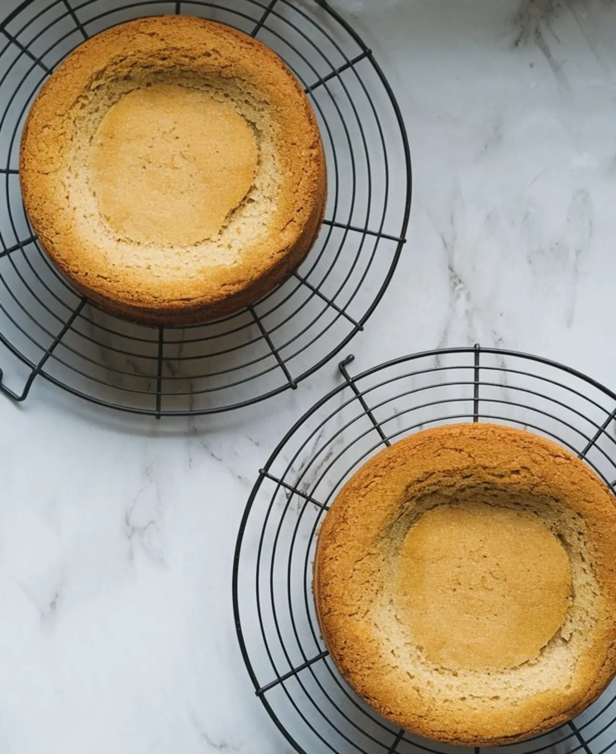 Two baked cake layers resting on round wire cooling racks, with golden edges and sunken centers, ready to be assembled into a layered dessert.