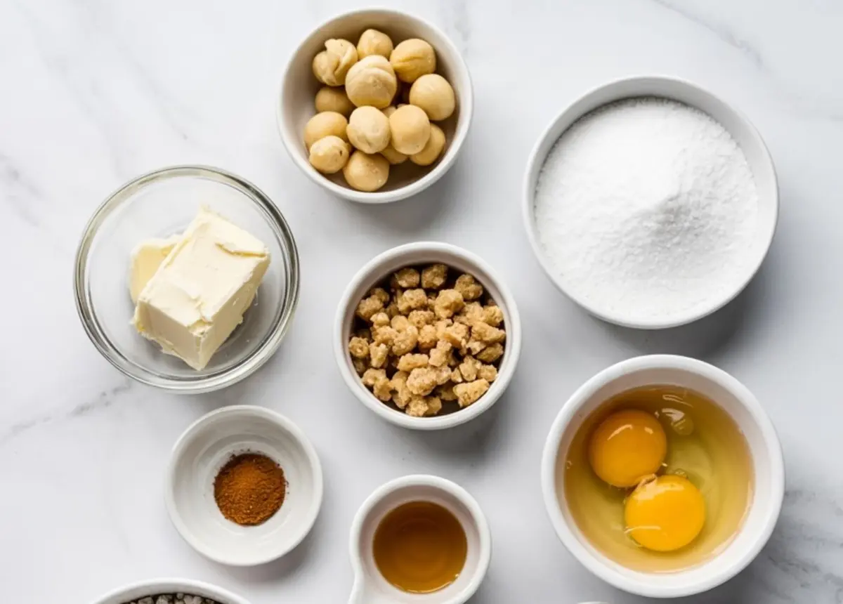 Flat lay of baking ingredients including macadamia nuts, butter, sugar, eggs, vanilla extract, cinnamon, and chopped nuts in white and glass bowls on a marble surface.