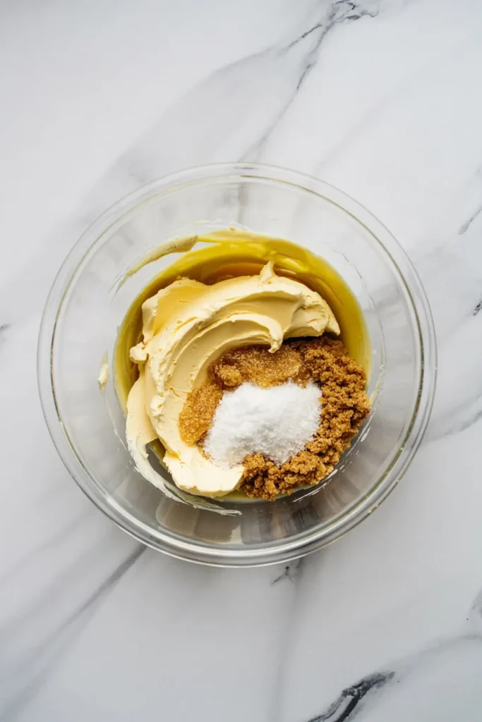 Glass bowl filled with softened butter, brown sugar, and granulated sugar on a marble surface, ready for creaming.