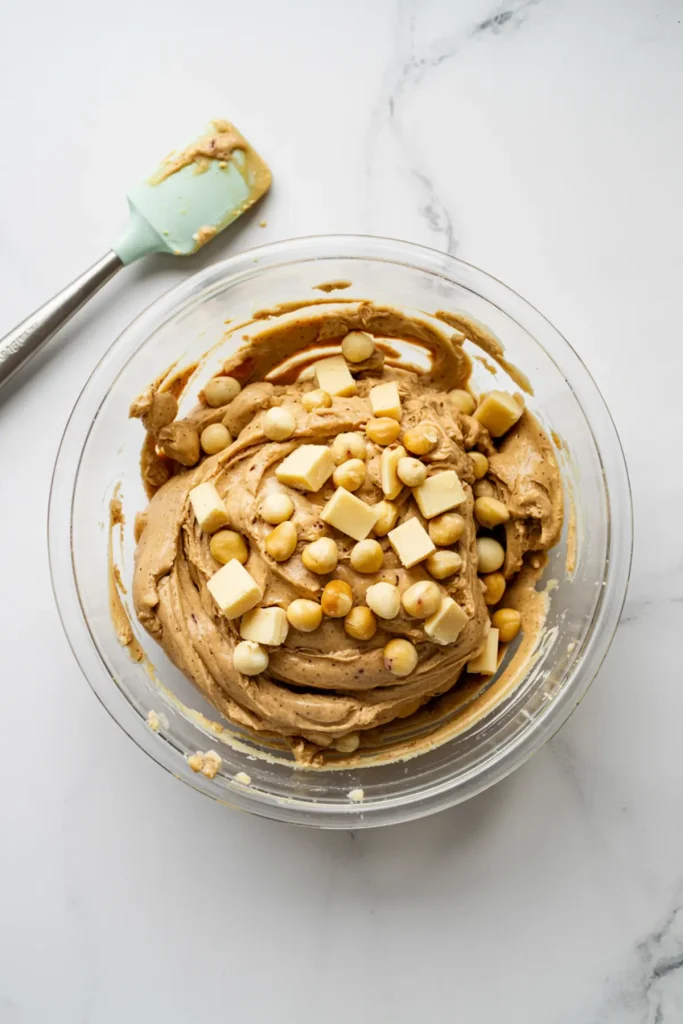 Bowl of cookie dough mixed with whole macadamia nuts and white chocolate chunks on a marble surface, next to a mint green spatula.