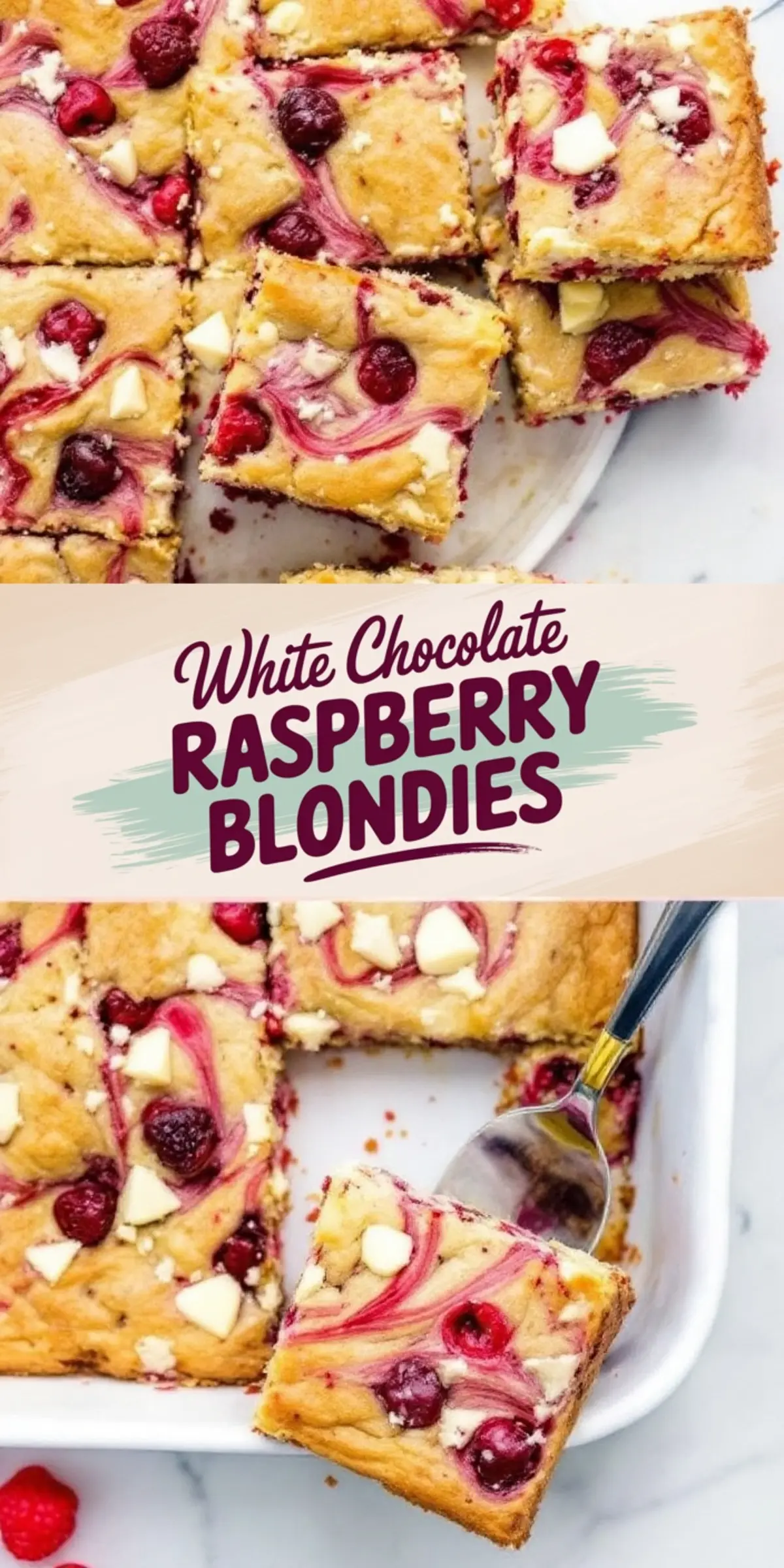 Top-down view of white chocolate raspberry blondies cut into squares, featuring a golden brown surface with vibrant raspberry swirls and chunks of creamy white chocolate, presented in a white baking dish on a marble countertop.