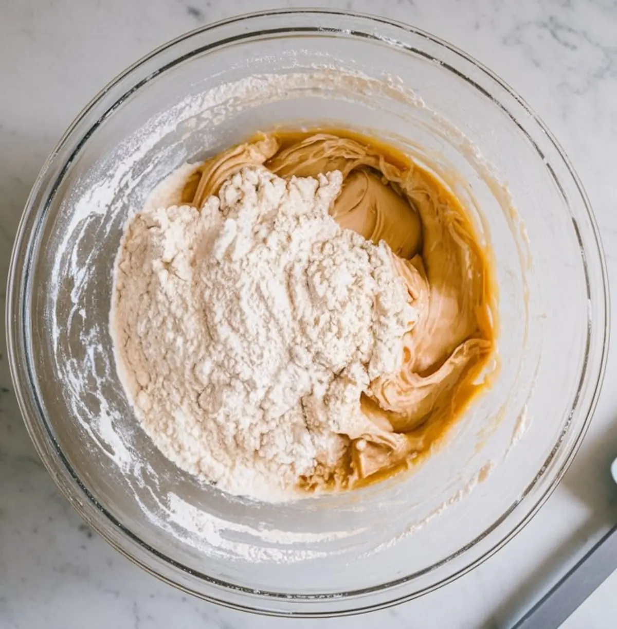 Top view of blondie batter being mixed in a glass bowl, featuring a mound of flour on top of creamy brown sugar and butter mixture, placed on a light marble surface for a baking prep scene.