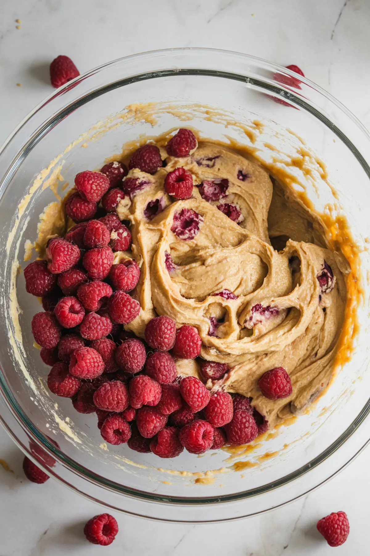 Close-up of blondie batter in a glass mixing bowl, swirled with whole fresh raspberries and ready to be baked, showing the thick, golden dough contrasting with the vibrant red berries.