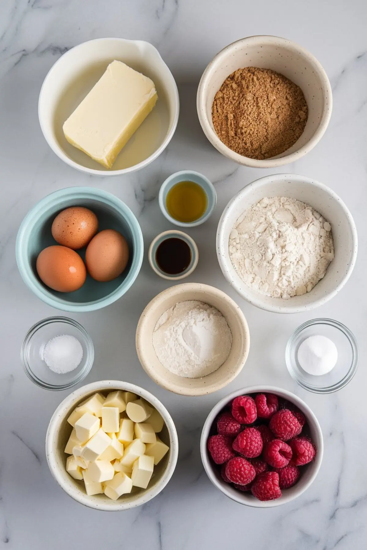 Overhead shot of white ceramic bowls filled with ingredients for baking white chocolate raspberry blondies, including flour, brown sugar, eggs, butter, raspberries, vanilla, baking powder, and white chocolate chunks on a marble background.