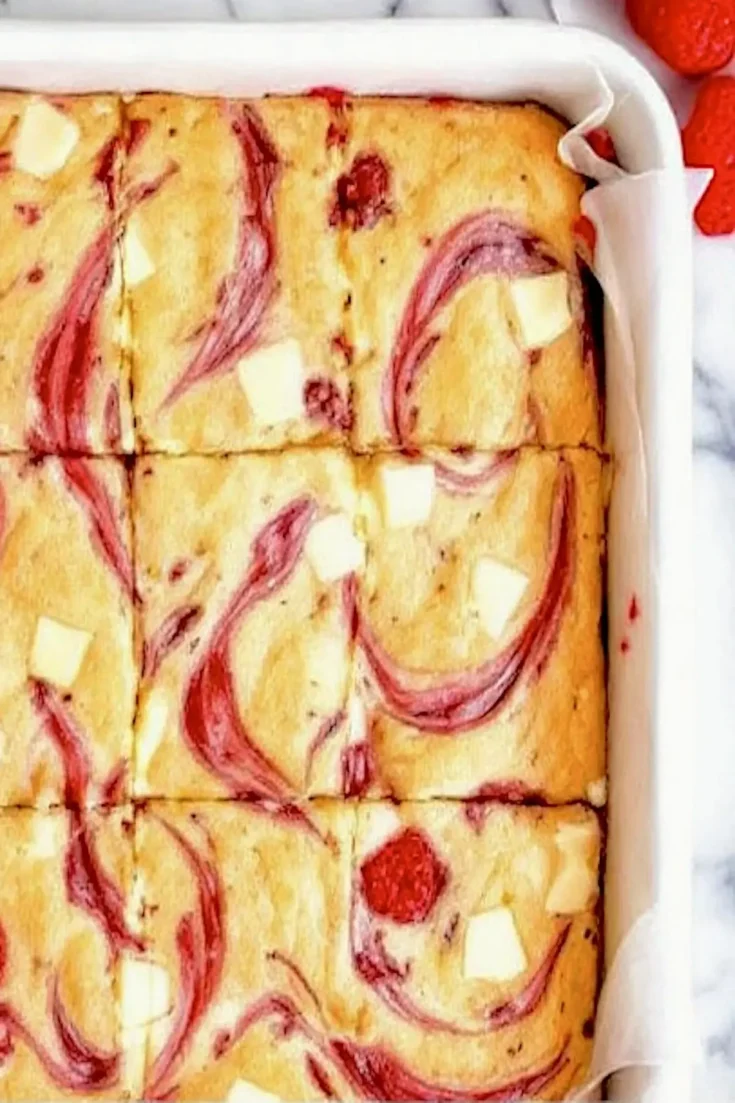 Freshly baked white chocolate raspberry blondies in a baking dish lined with parchment paper, sliced into squares and topped with melted white chocolate chunks and bright raspberry swirls.