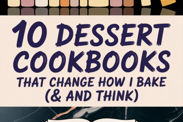 Illustrated graphic featuring a row of colorful dessert cookbooks on a shelf against a dark marble background, with bold text reading “10 Dessert Cookbooks That Change How I Bake (& and Think)” and an open book below displaying a layered cake drawing.