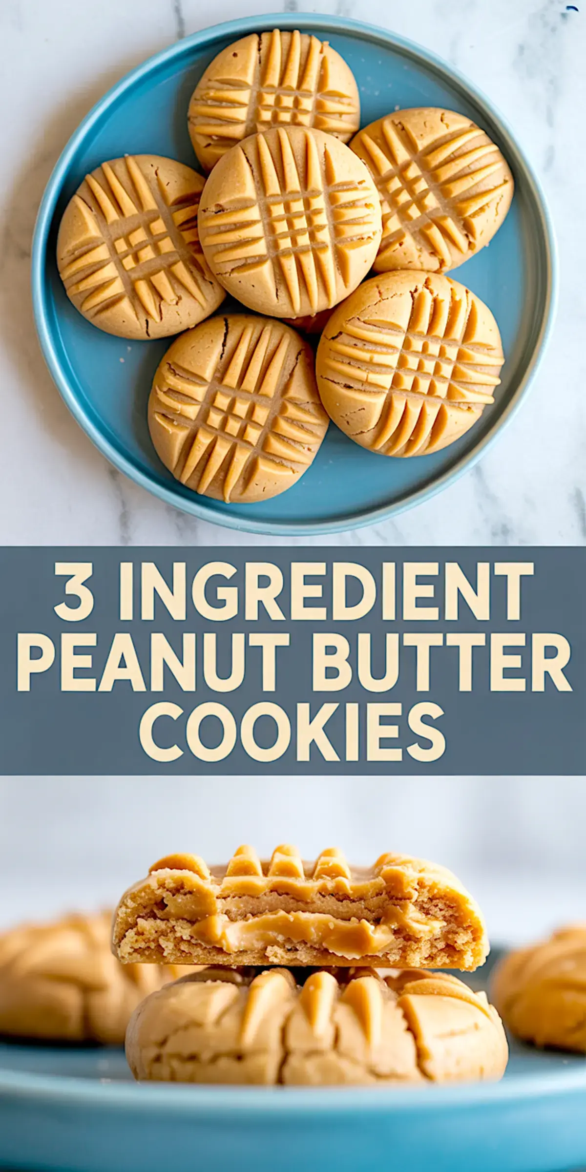 Collage image of finished 3 ingredient peanut butter cookies on a blue plate and a close-up of a bitten cookie, with overlaid text reading “3 Ingredient Peanut Butter Cookies,” highlighting an easy peanut butter cookie recipe using only three ingredients.