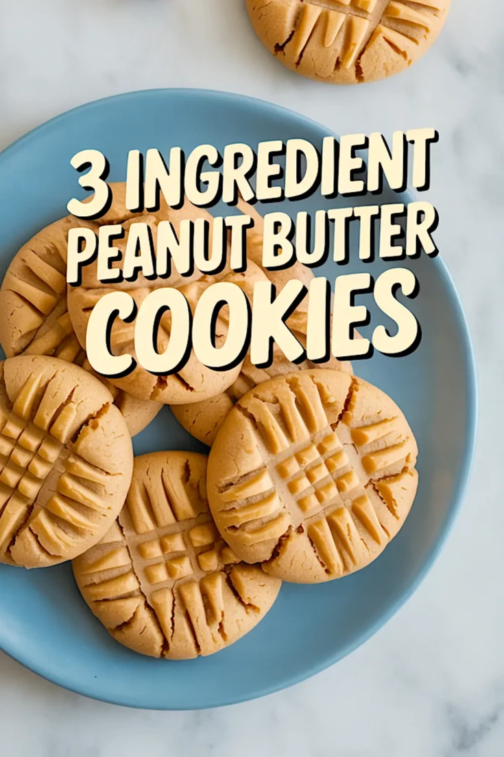 Overhead collage of peanut butter cookies with fork-pressed tops and golden edges on a light blue plate, topped with bold text “3 Ingredient Peanut Butter Cookies,” ideal for promoting an easy cookies few ingredients recipe.