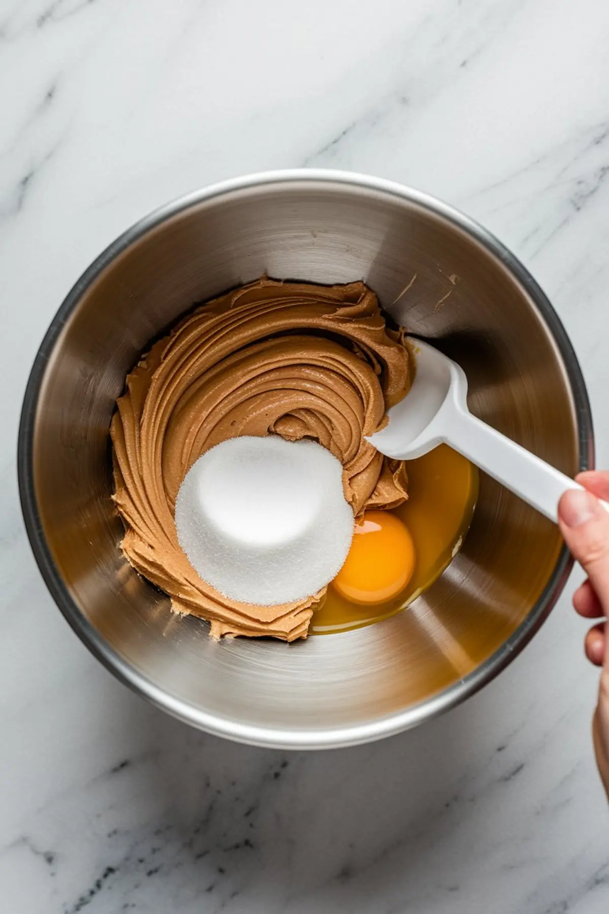 Overhead view of a stainless steel mixing bowl holding peanut butter, granulated sugar, and raw eggs being stirred with a white spatula, showing the initial mixing stage of a 3 ingredient peanut butter cookies recipe.