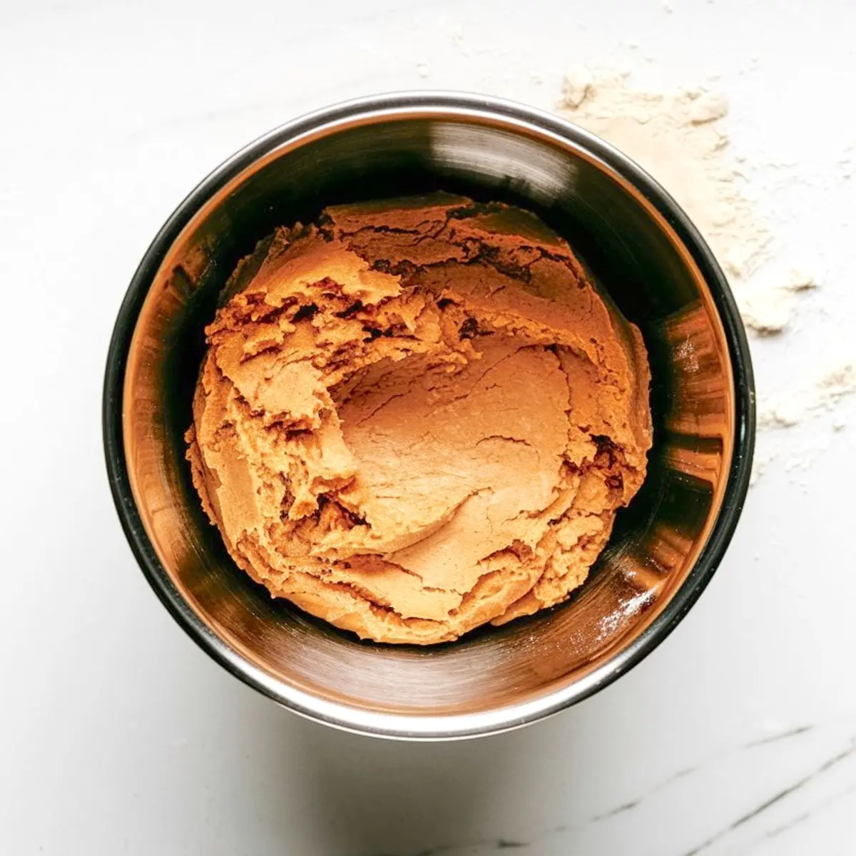 Stainless steel bowl filled with fully mixed, thick peanut butter cookie dough placed on a white surface, representing a step in the process of making easy peanut butter cookies with few ingredients.
