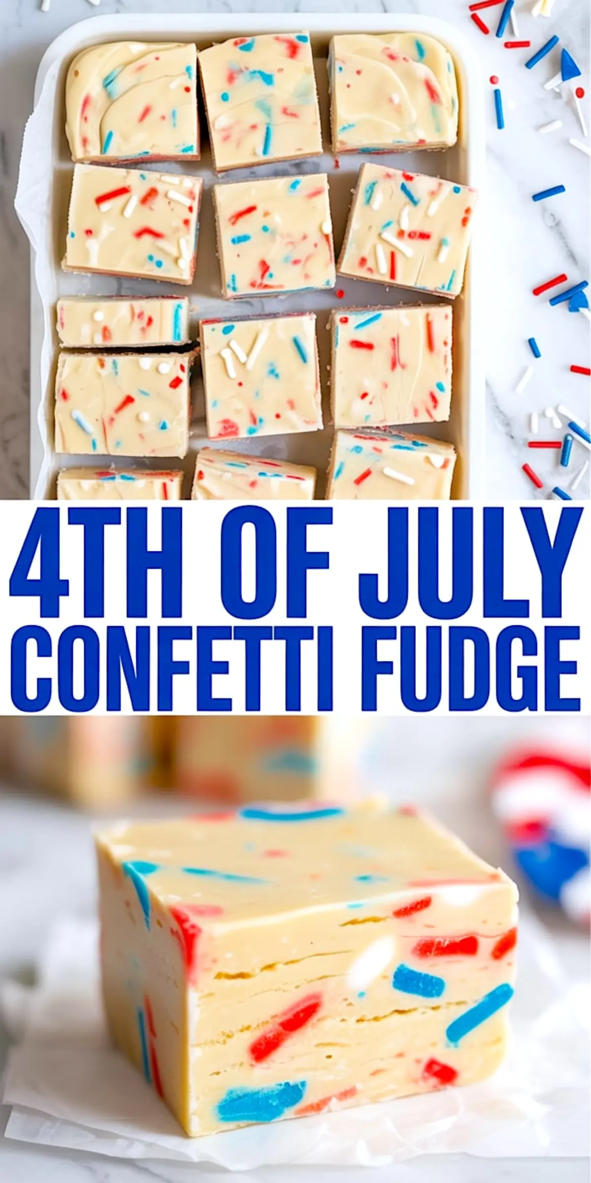 Collage of top and front view of creamy 4th of July confetti fudge, decorated with colorful sprinkles and sliced into squares inside a parchment-lined tray, highlighting festive dessert presentation.