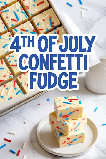 Overhead and side view of creamy white fudge topped with red, white, and blue sprinkles, cut into squares and arranged in a baking pan, with three stacked pieces on a plate below, styled for 4th of July dessert ideas.