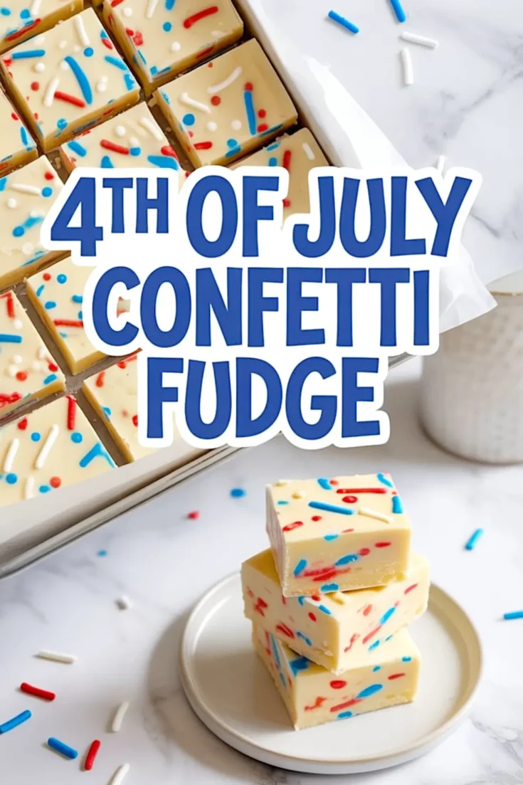 Overhead and side view of creamy white fudge topped with red, white, and blue sprinkles, cut into squares and arranged in a baking pan, with three stacked pieces on a plate below, styled for 4th of July dessert ideas.