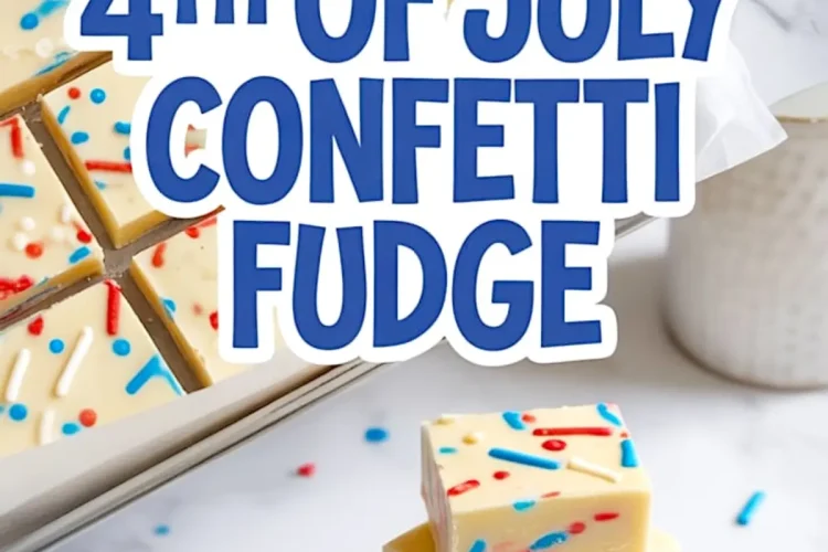 Overhead and side view of creamy white fudge topped with red, white, and blue sprinkles, cut into squares and arranged in a baking pan, with three stacked pieces on a plate below, styled for 4th of July dessert ideas.