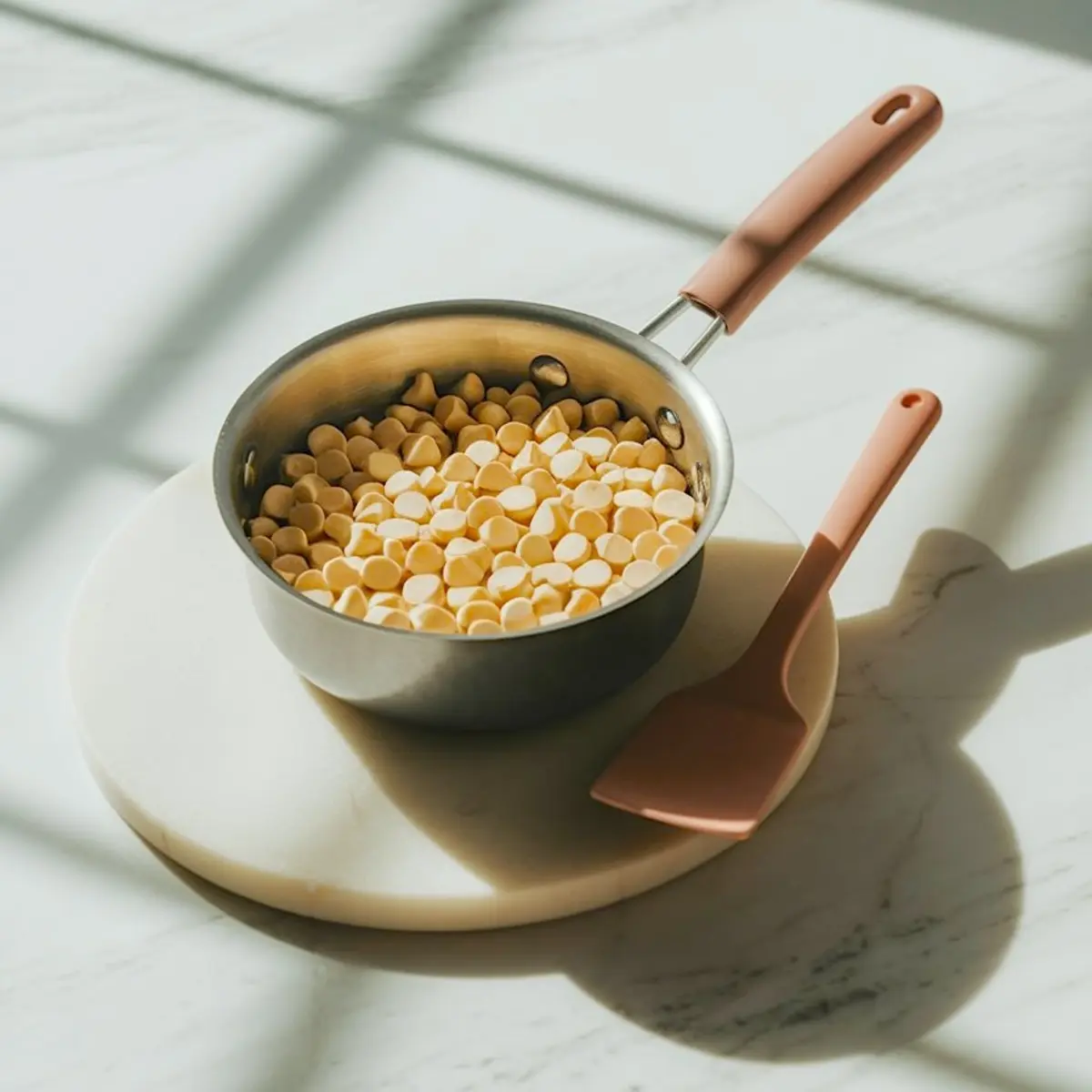 Stainless steel saucepan filled with white chocolate chips placed on a round marble trivet, accompanied by a pink silicone spatula, lit by natural sunlight on a marble countertop.