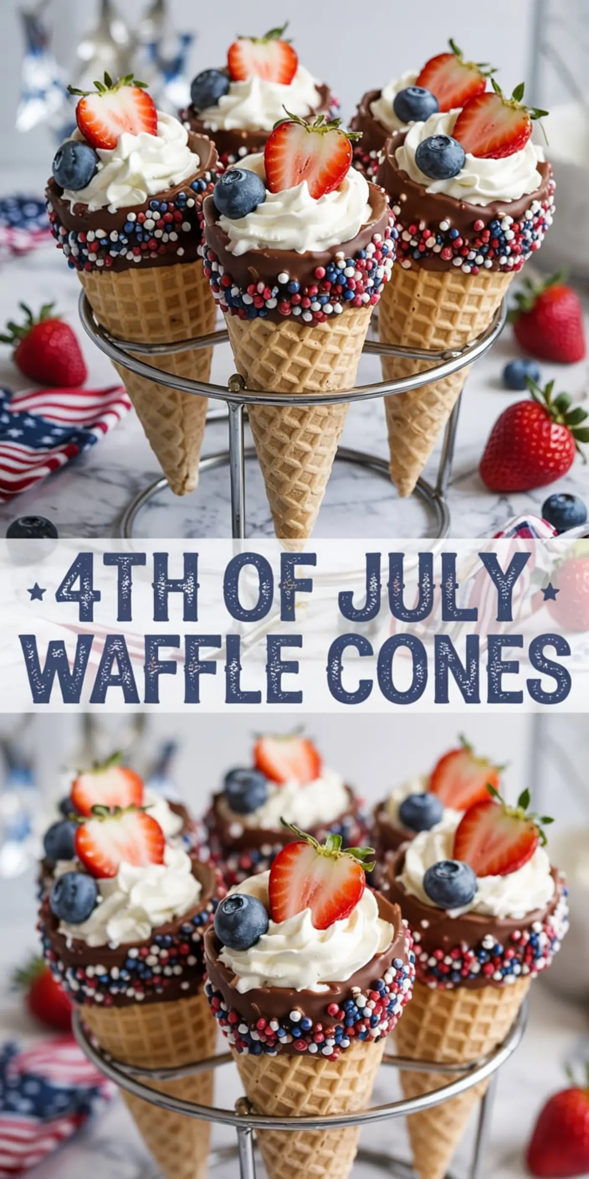 A celebratory collage displaying patriotic waffle cones with whipped cream, chocolate-dipped rims, and festive red, white, and blue sprinkles, topped with fresh berries.