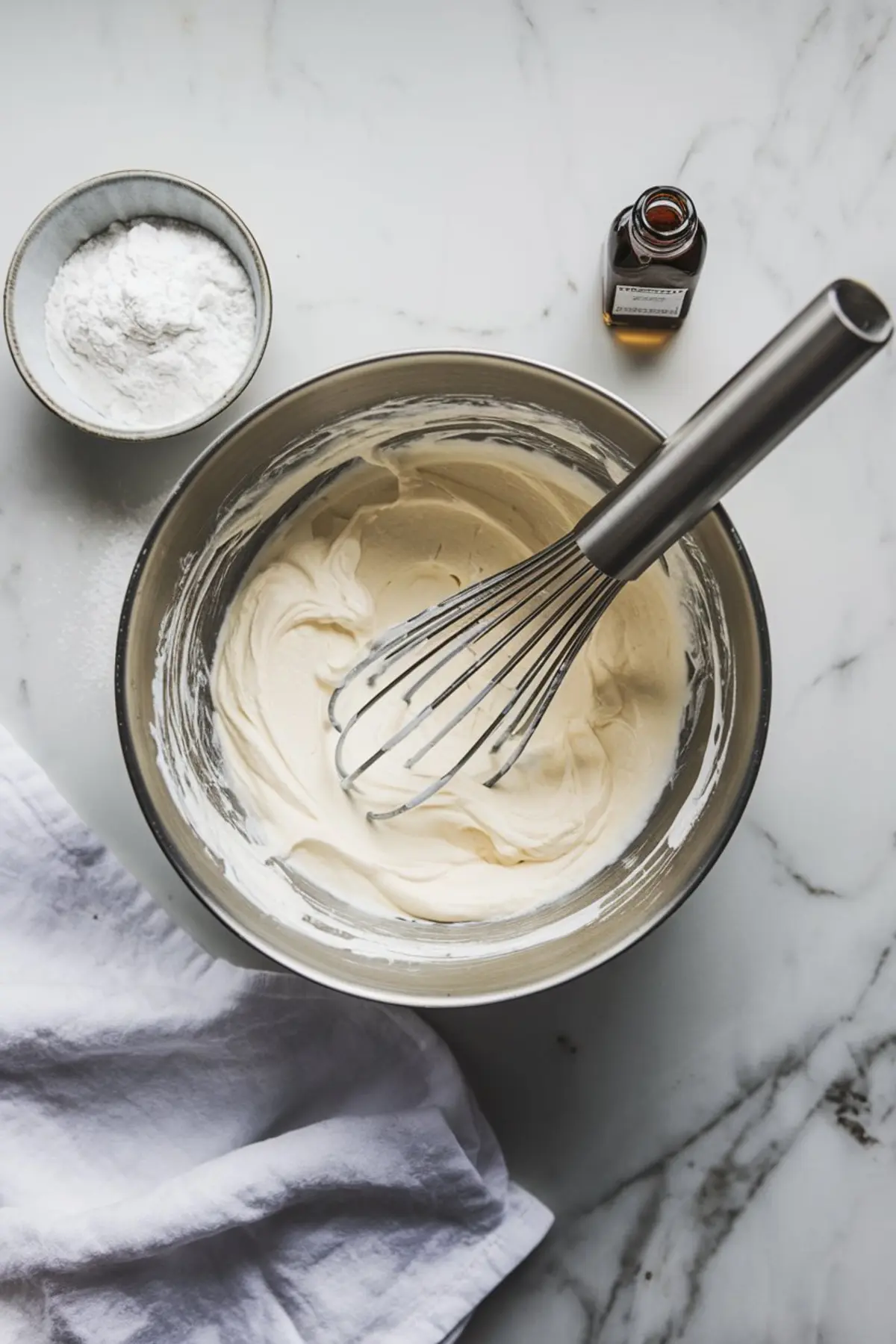 A metal mixing bowl filled with freshly whipped cream, shown with a whisk, a small bowl of powdered sugar, and a bottle of vanilla extract on a marble countertop.